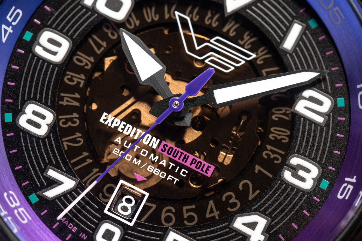 Vostok Europe Expedition South Pole automatic watch for men, 20 ATM water resistant field watch, black PVD stainless steel watch with Super-LumiNova dial and hands, leather silicone or nylon strap