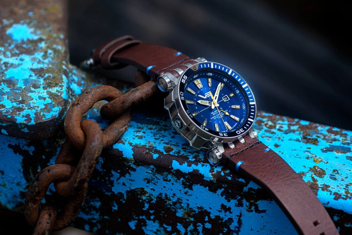 Vostok Europe Energia automatic watch for men, 300 m water resistant dive watch, blue dial GMT watch with Swiss tritium tube lume, stainless steel case, leather and silicone straps