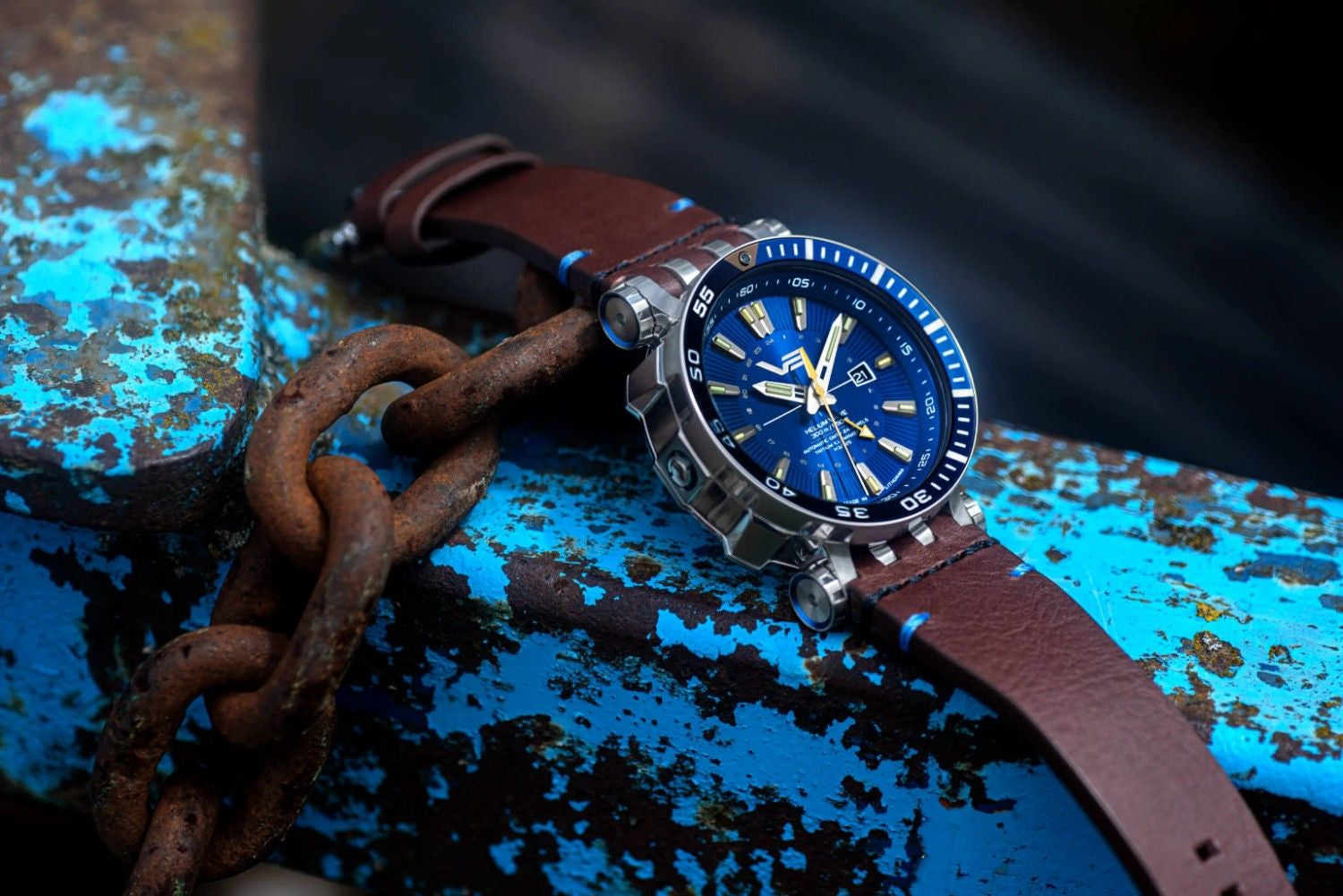 Vostok Europe Energia automatic watch for men, 300 m water resistant dive watch, blue dial GMT watch with Swiss tritium tube lume, stainless steel case, leather and silicone straps