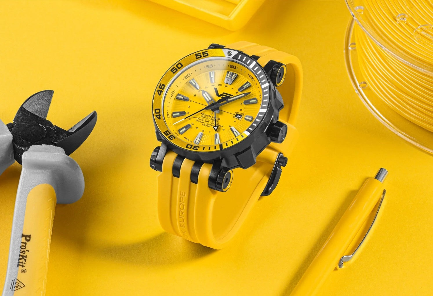 Vostok Europe Energia GMT (NH34-575C719) features a vibrant yellow dial and matching silicone strap, GMT tool watch for men, 300 m water resistance watch