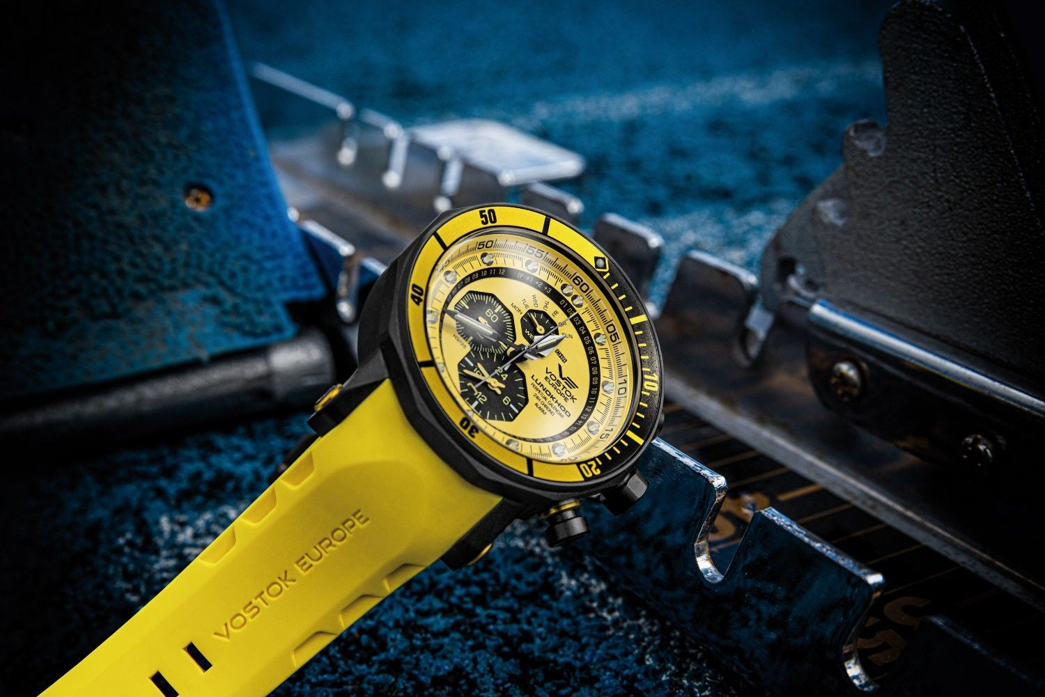 Vostok Europe Lunokhod-2 watch features a bold yellow dial and matching silicone strap