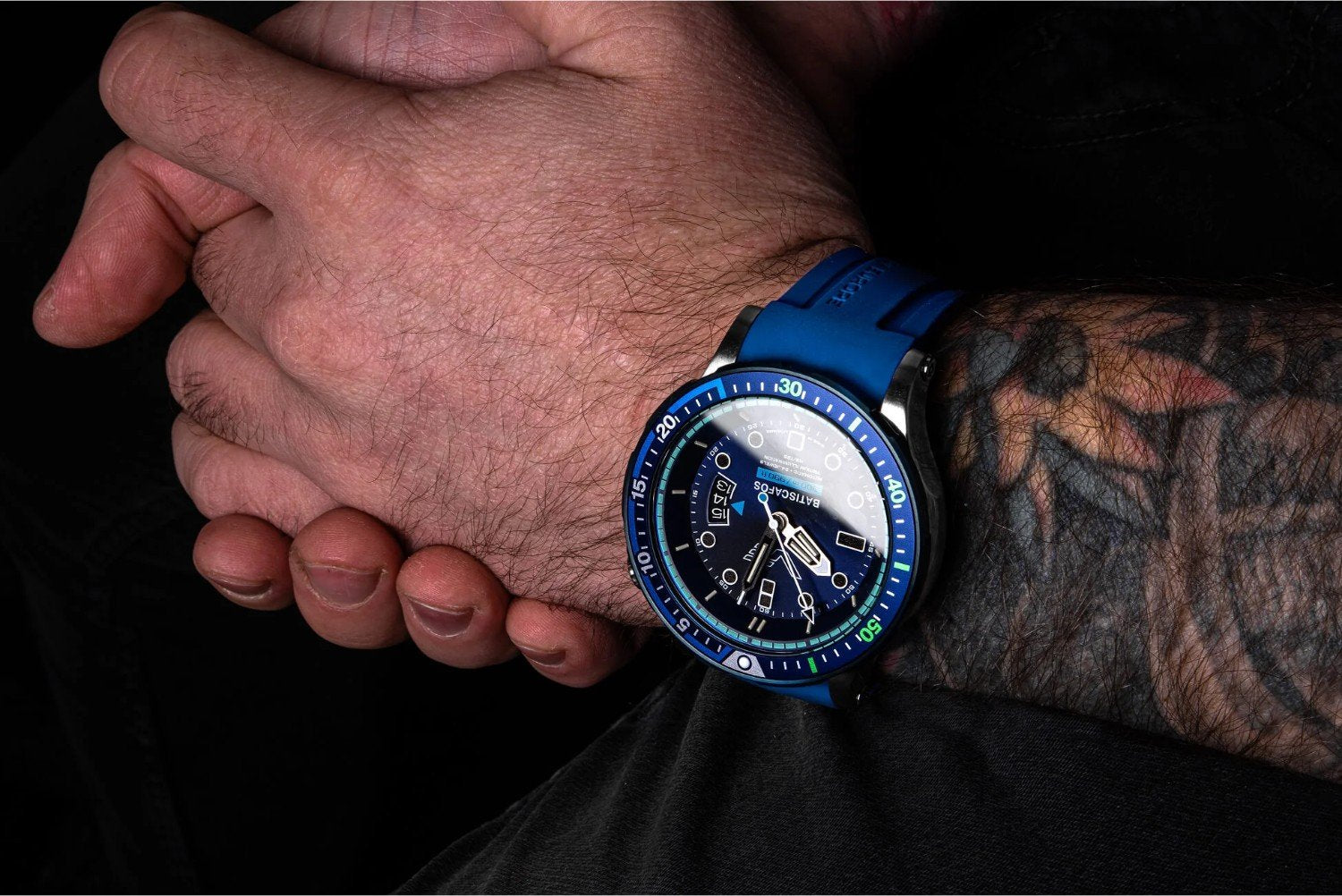 Vostok Europe Batiscafos automatic dive watch with blue silicone strap and 300 m water resistance worn on the wrist