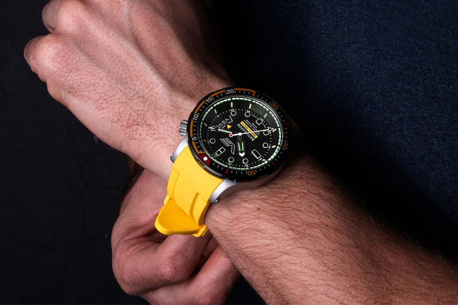 Vostok Europe Batiscafos 300 m dive watch with unidirectional bezel and bright yellow silicone strap in water