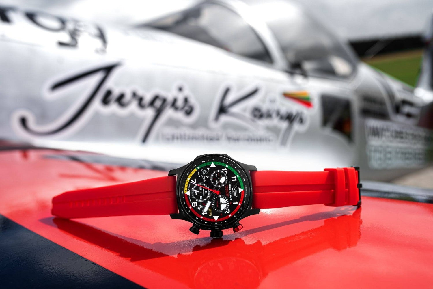 Vostok Europe Jurgis Kairys VK68 meca-quartz pilot chronograph displayed on an aerobatic aircraft